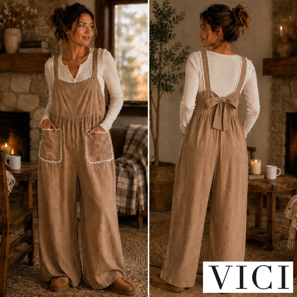 VICI, Tan Linen Blend Crochet Lace Trim Wide Leg Tie Back Jumpsuit Size Large - Picture 1 of 9